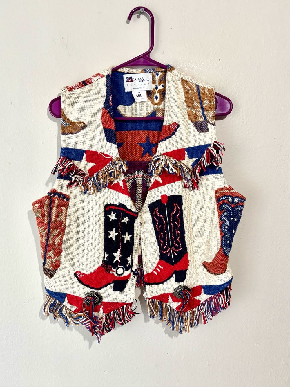 E. Clair Designs Vintage Western Fringe Cowgirl Boot USA Blanket Vest Size M/L